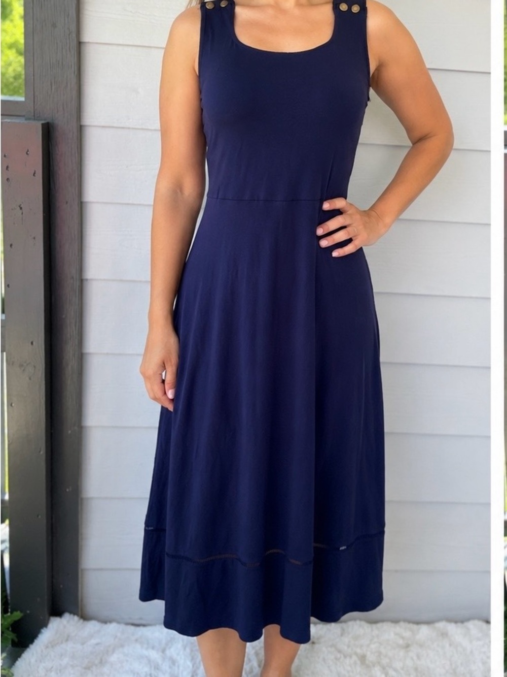 Nicole Miller Navy Button-Shoulder Sleeveless Midi Dress